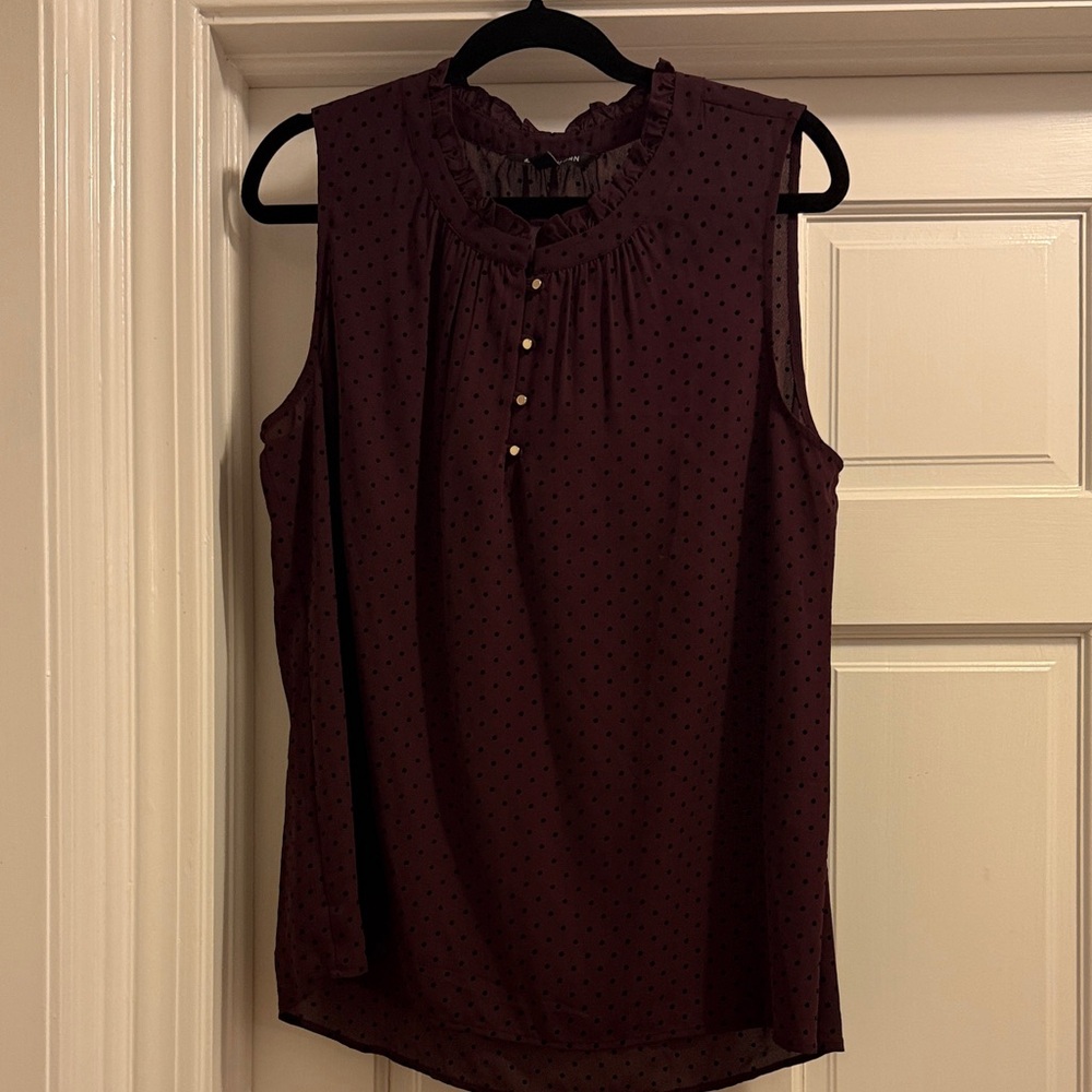 41 Hawthorn Sleeveless Ruffle Neck Dot Blouse in Deep Burgundy